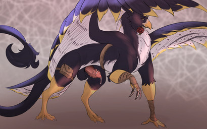 animal_genitalia animal_penis bag balls beak belt bodily_fluids claws erection feathered_wings feathers feet feral fur genital_fluids genitals male male_feral metal multicolored_body object_in_mouth penis sheath simple_background solo spiked_penis spikes spikes_(anatomy) tail toe_claws toes white_body white_feathers white_fur wings yellow_body yellow_feathers ertonhin mythology avian dragon gryphon hybrid mythological_avian mythological_creature mythological_scalie scalie 16:10 digital_media_(artwork) hi_res widescreen