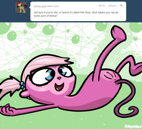 anus blush butt female feral fur genitals lying on_back pink_body pink_fur presenting solo tail text vulva onihidden hasbro littlest_pet_shop littlest_pet_shop_(2012) tumblr minka_mark atelid haplorhine mammal monkey new_world_monkey primate spider_monkey english_text