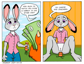 anal anal_penetration anthro anus bite biting_lip biting_own_lip bodily_fluids bottomless carrot claws clitoris clothed clothing cloud female food genitals grass money object_in_ass penetration plant self_bite speech_bubble sweat text vegetable vulva dogwash disney zootopia judy_hopps lagomorph leporid mammal rabbit comic digital_media_(artwork) english_text