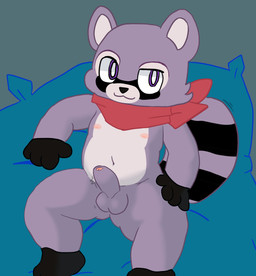 anthro balls bed_sheet bedding erection foreskin genitals humanoid_genitalia humanoid_penis looking_at_viewer lying male mostly_nude navel nipples on_back penis scarf scarf_only solo young goobeygoob indigo_park rambley_raccoon mammal procyonid raccoon hi_res