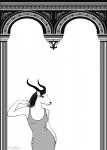 antiquity architecture clothing column dress female greece horn pose simple_background solo white_background crazystylus antelope bovid mammal greyscale monochrome