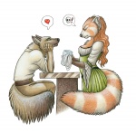 anthro bar biped bone breasts brown_eyes clothed clothing container cup duo female fluffy fluffy_tail fur hair heart_symbol holding_container holding_cup holding_object male red_hair service side_boob simple_background sitting skull tail white_background white_body white_fur katie_hofgard ailurid canid canine mammal red_panda