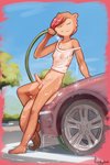 anthro balls barefoot blush bottomless breasts car car_wash cassandra_(funkybun) casual_erection casual_exposure clothed clothing conditional_dnp detailed_background digital_media_(artwork) erection eyes_closed feet foreskin funkybun genitals gynomorph gynomorph_anthro hi_res hose humanoid_genitalia humanoid_penis intersex intersex_anthro mammal mustelid off_shoulder otter outdoor_nudity parking_lot penis plantigrade public public_erection public_exposure solo toes trans_(lore) trans_woman_(lore) vehicle water wet wet_clothing