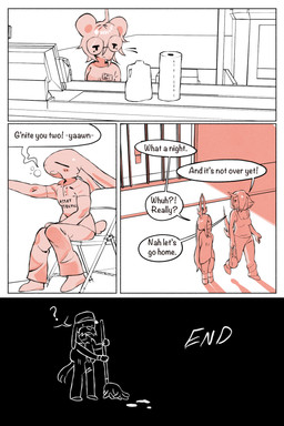 anthro antlers blush clothing dialogue female grocery_store hair horn male speech_bubble store text ombwie carrie_(ombwie) val_(ombwie) canid canine deer lagomorph leporid mammal mouse murid murine rabbit rodent 2:3 comic digital_media_(artwork) english_text hi_res