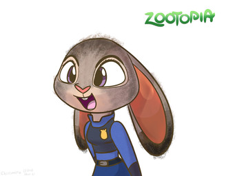 anthro buckteeth clothing female fur grey_body grey_fur long_ears open_mouth police police_uniform purple_eyes smile solo teeth uniform chirimiru disney zootopia judy_hopps lagomorph leporid mammal rabbit source_request