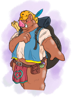anthro backpack blush bottomwear brown_body brown_fur clothing fur hat headgear headwear humanoid_hands loincloth male overweight overweight_anthro overweight_male shirt solo topwear phillbeep_beepbop mammal suid suine sus_(pig) wild_boar 2020