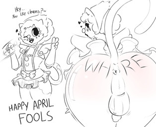anthro anus body_writing butt clothing clown female genitals holidays intersex makeup nude penis small_penis solo suggestive_pose meowawa windy_(meowawa) felid feline mammal absurd_res hi_res