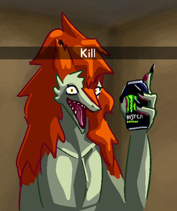 anthro black_claws blurred_background can cheek_tuft claws container countershading crazy_eyes ear_piercing ear_ring earrings_only evil_grin eyelashes facial_tuft female flat_chested fur hair holding_can holding_container holding_object long_hair looking_at_viewer messy_hair nude open_mouth orange_body orange_fur piercing ring_piercing smile solo teeth tongue tuft white_body white_fur yellow_eyes ada.tv kill_(meme) monster_energy snapchat axe_(ada.tv) sergal 2026 aliasing cel_shading digital_media_(artwork) high_contrast shaded