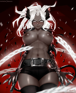 abs big_breasts black_horn blush breasts clothed clothing dark_body dark_skin exposed_breasts female hair horn legwear looking_at_viewer nipples not_furry solo thigh_highs topless white_eyes white_hair easonx helltaker judgement_(helltaker) demon horned_humanoid humanoid