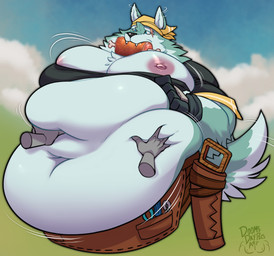 anthro apron belly belly_expansion belly_grab belly_rub big_belly big_nipples black_clothing black_shirt black_topwear bloated blue_body blue_eyes blue_fur blue_sky clothing cloud disembodied_hand expansion eye_scar facial_scar feeding food_in_mouth fur hand_on_belly huge_belly huge_moobs kerchief male motion_lines musclegut muscular muscular_anthro muscular_male navel nipples obese obese_anthro obese_male outside overweight overweight_anthro overweight_male pink_nipples saw scar shirt sky solo stuffing tail tail_motion tailwag tight_clothing tool_belt tools topwear weight_gain white_belly yellow_kerchief mail-order-superhero cuisineer alder_(cuisineer) canid canine canis mammal wolf 2025 hi_res
