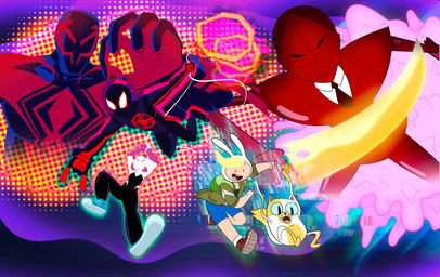 4_fingers 5_fingers ambiguous_gender blonde_hair bow_tie buckteeth clothing devil_horns_(gesture) eye_contact fake_ears fake_rabbit_ears fingers gesture hair hand_gesture looking_at_another open_mouth purple_background red_bow_tie red_clothing red_suit rock_h simple_background suit superhero_costume teeth cartoonbudartz adventure_time cartoon_network fionna_and_cake fionna_and_cake_(franchise) marvel spider-man:_spider-verse spider-man_(series) cake_the_cat fionna_the_human gwen_stacy miguel_o'hara miles_morales scarab_(fionna_and_cake) spider-gwen animal_humanoid arthropod arthropod_humanoid domestic_cat felid feline felis human humanoid insect insect_humanoid mammal 2023 crossover english_description hi_res