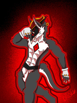 abs abstract_background anthro athletic athletic_anthro aura belly black_body black_fur cheek_tuft claws clothed clothing coin countershade_crotch countershade_face countershade_torso countershading covering covering_face crystal cybernetics ears_up facial_tuft fangs featureless_crotch fingerless_gloves fluffy front_light fur gem gesture gloves glowing glowing_body gold_(metal) gold_jewelry hand_gesture handwear hat headgear headwear illuminated jewelry jojo_pose light looking_at_viewer machine male male_anthro mostly_nude_anthro mostly_nude_male muscular muscular_male pointing pointing_down red_gemstone resting_bitch_face rim_light rim_lighting solo splatter studded_clothing studded_gloves studded_handwear studs tail teeth tricorne tuft visor white_belly white_body white_clothing white_fur white_gloves white_handwear drexus69 drexus mantled_beast 3:4 cel_shading digital_media_(artwork) hi_res lighting shaded