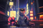 city fangs feet foot_focus fur looking_at_viewer male semi-anthro sitting smile solo teeth mylafox tubeboiieddy domestic_ferret mammal mustelid musteline true_musteline weasel 2022