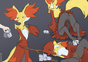 alcohol anthro anus beer beverage biped black_body blush breasts drunk duo female female_anthro genitals nipples orange_body orange_eyes rear_view small_breasts substance_intoxication vulva white_body sealer4258 nintendo pokemon delphox generation_6_pokemon pokemon_(species) hi_res