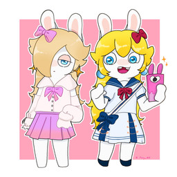 accessory anthro arm_warmers arms_bent armwear bangs bent_arm black_clothing black_footwear blonde_hair blue_bow blue_ear_piercing blue_eyes blue_pupils blush bottomwear bow_ribbon buckteeth cellphone clothed clothed_anthro clothed_female clothing duo ear_piercing electronics eyelashes featureless_legs female female_anthro flat_chested footwear fully_clothed fully_clothed_anthro fully_clothed_female fur hair hair_accessory hair_bow hair_over_eye hair_ribbon half-closed_eyes holding_cellphone holding_object holding_phone light long_ears long_hair looking_at_viewer mitten_hands mouth_closed narrowed_eyes noseless open_mouth outline phone piercing pink_arm_warmers pink_armwear pink_clothing pink_dress_shirt pink_tongue pupils purple_bottomwear purple_bow purple_clothing purple_skirt red_bow ribbons school_uniform shirt simple_background skirt smartphone sparkles standing star_ear_piercing straight_arm tan_eyelids tan_inner_ear teeth text tongue topwear uniform white_body white_bottomwear white_clothing white_fur white_outline white_shirt white_skirt white_topwear peypey_mei1925 mario_bros mario_plus_rabbids_kingdom_battle mario_plus_rabbids_sparks_of_hope nintendo raving_rabbids rayman_(series) ubisoft rabbid_peach rabbid_rosalina lagomorph mammal rabbid 1:1 2024 artist_name colored crossover digital_drawing_(artwork) digital_media_(artwork) english_description hi_res lighting shaded