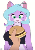 anthro burger cellphone clothed clothing ear_piercing electronics female food fur green_eyes hair holding_object humor meow phone piercing purple_body purple_fur simple_background simple_coloring smartphone solo topwear conditional_dnp nexcoyotlgt i_can_has_cheezburger? ivy_(nexcoyotlgt) domestic_cat felid feline felis human mammal 2024 2d_animation animated digital_media_(artwork) lol_comments meme short_playtime sound voice_acted webm