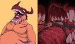 anthro bodily_fluids drooling duo fully_inside male male/male on_tongue oral_vore partially_inside saliva simple_background teeth tongue tongue_bed tongue_worship uvula vore willing_prey yellow_background blazingfrostwolf chopangigante bandai_namco digimon rouenalmer digimon_(species) greymon absurd_res hi_res