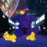 anthro beak blue_body building bulge clothed clothing feet macro male muscular night nipples non-mammal_nipples scouter sitting sky speedo star starry_sky swimwear topless yellow_feet gammahoundttv nintendo star_fox falco_lombardi avian bird mammal 1:1 hi_res