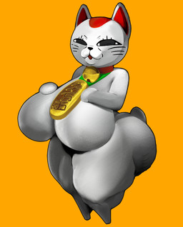 anthro bell bell_collar big_breasts big_butt breasts butt coin collar elderly_female featureless_breasts female gold_(metal) gold_coin hand_on_breast huge_breasts huge_butt jingle_bell jingle_bell_collar looking_at_viewer narrowed_eyes solo stubby_legs thick_thighs crabtopus dandadan turbo_granny_(dandadan) domestic_cat felid feline felis mammal hi_res