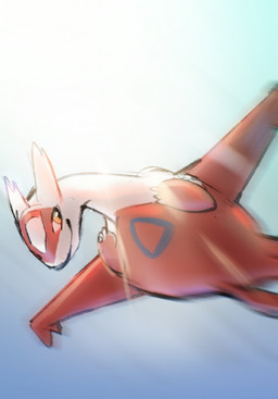 anthro blurred_background flying gradient_background lens_flare male markings red_body simple_background smile smiling_at_viewer solo yellow_eyes stampmats nintendo pokemon generation_3_pokemon latias legendary_pokemon pokemon_(species) hi_res