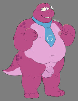 3_toes accessory anthro feet flaccid foreskin genitals grey_background humanoid_genitalia humanoid_penis long_foreskin male mostly_nude navel necktie necktie_only nipples obese overweight overweight_male penis pink_body pink_nipples simple_background solo standing tail toes unretracted_foreskin hienito gameoverse glitch_productions gobbles_(gameoverse) dinosaur prehistoric_species reptile scalie 2026 absurd_res hi_res