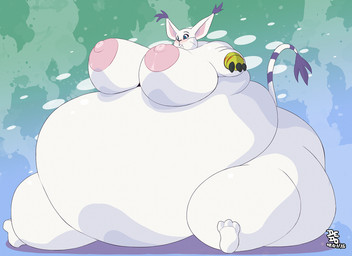 anthro areola belly big_areola big_belly big_breasts blue_eyes blush breasts female fur huge_belly huge_breasts huge_thighs hyper hyper_belly morbidly_obese morbidly_obese_anthro morbidly_obese_female nipples obese obese_anthro obese_female overweight overweight_anthro overweight_female sitting solo thick_thighs white_body white_fur dedoarts bandai_namco digimon digimon_(species) gatomon 2015 hi_res