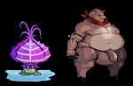 anthro balls big_balls breath brown_body brown_fur clothing duo flaccid flower fur genitals hooves huge_balls kerchief male overweight overweight_male panting penis plant water s-purple breeding_season domestic_pig mammal suid suine sus_(pig) alpha_channel