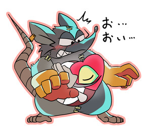 anthro blush chibi clothing digitigrade duo gloves handwear hug male stitch_(sewing) text mad_rat_dead nippon_ichi_software heart_(mad_rat_dead) mad_rat_(mad_rat_dead) mammal murid murine rat rodent hi_res japanese_text