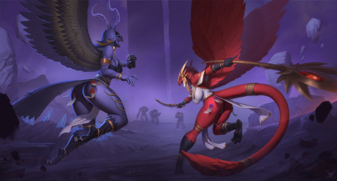 5_fingers adeptus_astartes anthro beak biped blue_body blue_tail breasts butt claws clothed clothed_anthro clothed_female clothing duo feathers feet female fingers gun holding_object melee_weapon ranged_weapon red_body red_tail space_marine sword tail toes weapon wings hacatiko warhammer_(franchise) warhammer_40000 fe'ra avian bird chaos_daemon daemon_of_tzeentch lord_of_change 2025 digital_drawing_(artwork) digital_media_(artwork) hi_res