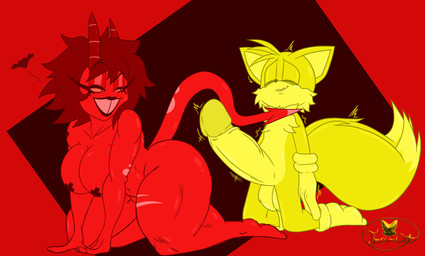 age_difference anthro balls big_balls big_breasts big_butt big_penis black_hair breasts butt duo erection female genitals glans hair horn huge_penis humanoid_genitalia humanoid_penis looking_pleasured male male/female nude older_anthro older_female penis red_body red_skin shota small_but_hung tail thick_penis young young_anthro young_but_hung young_male younger_anthro younger_male foxium hellaverse helluva_boss sega sonic_the_hedgehog_(series) miles_prower millie_(helluva_boss) canid canine fox imp mammal crossover hi_res