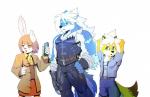 abs anthro belt biceps blue_body blue_fur bottomwear clothed clothing female fingerless_gloves fully_clothed fur gloves group hair handwear male muscular muscular_male pants simple_background wolfmalro cheong_hwan syu canid canine canis fox lagomorph leporid mammal rabbit wolf 2017 digital_media_(artwork) hi_res