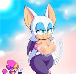 anthro areola armor big_breasts breastplate breasts cleavage clothed clothing duo erect_nipples female male nipples translucent translucent_clothing bluebreed sega sonic_the_hedgehog_(series) espio_the_chameleon rouge_the_bat bat chameleon lizard mammal meller's_chameleon reptile scalie 2016