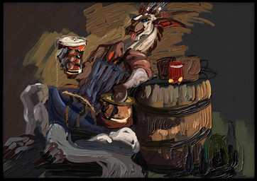 alcohol anthro barrel beer_mug beverage blue_eyes brush_strokes clothing food horn male sitting solo tail lostdragon01 mythology dragon mythological_creature mythological_scalie scalie digital_media_(artwork) hi_res warm_colors