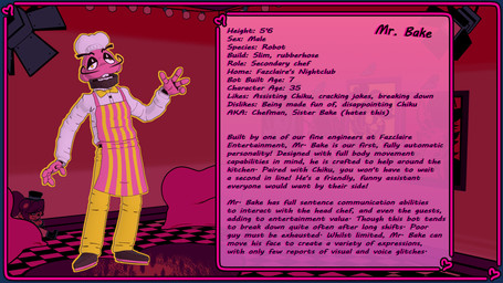 4_fingers anthro apron black_eyelids border bottomwear bow_tie brown_clothing brown_footwear brown_shoes buckteeth character_description chef chef_hat clothing cupcake description facial_hair fingers food footwear hat headgear headwear machine male mustache not_furry open_mouth pants pattern_apron pattern_clothing pink_apron pink_border pink_clothing pink_hands shirt shoes solo standing stated_age stated_gender stated_height stated_species striped_apron striped_clothing stripes teeth text topwear white_clothing white_shirt white_topwear yellow_bottomwear yellow_bow_tie yellow_clothing yellow_pants cryptiacurves cryptiacurves_(modeler) fazclaire's_nightclub five_nights_at_freddy's scottgames cupcake_(fnaf) mr._bake_(cryptiacurves) animatronic food_creature living_cupcake robot robot_anthro 16:9 2026 3d_(artwork) cel_shading character_name digital_media_(artwork) english_text full-length_portrait hi_res portrait shaded widescreen