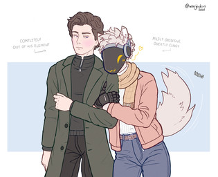 arm_grab blush bodily_fluids bottomwear clothed clothing denim denim_bottomwear denim_clothing duo fully_clothed heart_symbol hug jacket jeans machine male male/male overcoat pants romantic romantic_couple scarf simple_background standing sweat tail tail_motion tailwag text topwear warjenkins thao_(warjenkins) human humanoid mammal protogen 2026 absurd_res english_text hi_res signature