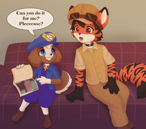 anthro biped black_markings black_nose black_stripes blue_bottomwear blue_clothing blue_eyes blue_shirt blue_shorts blue_topwear blue_vest bottomwear brown_body brown_clothing brown_eyes brown_footwear clothed clothing collar_tag countershade_tail countershading delivery_(commerce) delivery_employee dialogue dipstick_tail duo eyebrows eyewear eyewear_on_head fellatio floppy_ears footwear furniture gesture gloves_(marking) goggles goggles_on_head grin hand_gesture hat headgear headwear inside larger_sub looking_at_another male male/male markings on_sofa open_mouth oral penile pointing postal_carrier postal_delivery red_body sex shirt shorts sitting sitting_on_sofa size_difference smile sofa speech_bubble striped_body stripes submissive tail tail_markings teeth text tongue topwear vest white_markings young young_anthro young_male jamesfoxbr jimmy_pupper valheru canid canine canis domestic_dog felid fox hybrid mammal pantherine tiger 2023 english_text hi_res