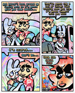 4_panel_comic aloha_shirt anthro bottomwear bow_tie cheek_spots cheek_tuft cigarette cigarette_in_mouth clothing dialogue duo facial_tuft fur humor male narrowed_eyes nude object_in_mouth overalls pattern_clothing pattern_shirt pattern_topwear shirt shorts smile smoking_tobacco speech_bubble text topwear tuft white_body white_fur wide_eyed yellow_body yellow_fur rawdawgcomics bingus_(rawdawgcomics) stahli_(rawdawgcomics) bird_dog canid canine canis domestic_dog golden_retriever hunting_dog lagomorph leporid mammal rabbit retriever 4:5 comic english_text hi_res