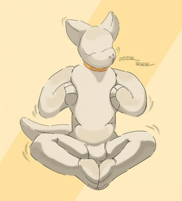 ambiguous_gender anthro bdsm bulge collar featureless_chest featureless_crotch featureless_face hooded mask muffled null null_bulge plushie plushsuit simple_background sitting solo struggling submissive suited tan_body yellow_background small_plush_guy canid canine mammal hi_res