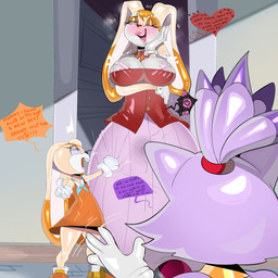 anthro big_breasts bottomwear breasts breath clothing collared_shirt doorway dress dress_shirt female footwear gesture group hair hand_gesture heart_symbol in_heat lipstick makeup mature_anthro mature_female multiple_ova musk nipple_outline ovulating ovum ovum_with_heart panting pointing ponytail shirt shoes skirt speech_bubble stained_clothing thick_thighs topwear trio waving wide_hips tayronnebr sega sonic_the_hedgehog_(series) blaze_the_cat cream_the_rabbit vanilla_the_rabbit domestic_cat felid feline felis lagomorph leporid mammal rabbit 1:1 hi_res