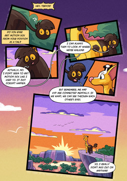 after_transformation ambiguous_gender antlers blue_eyes brown_body brown_fur cliff cliff_side cloud dialogue fur hooves horn implied_transformation looking_at_viewer orange_sclera pink_nose sharp_teeth speech_bubble sunset talking_to_viewer teeth text transformation upside_down_transformation yellow_body yellow_fur trevor-fox nintendo pokemon kyp_(character) trevor-fox_(character) generation_2_pokemon girafarig pokemon_(species) comic english_text hi_res