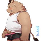 anthro belly blush brown_body brown_fur clothed clothing eyes_closed fur kemono male overweight overweight_anthro overweight_male shirt solo tank_top text topwear underwear hinami mammal suid suina sus_(pig) wild_boar 2018 japanese_text