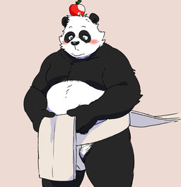 anthro apple asian_clothing belly black_body black_nose blush clothing east_asian_clothing food fruit japanese_clothing kemono male mawashi moobs overweight overweight_male plant simple_background solo standing white_body inunoshippo bear giant_panda mammal 2025 hi_res
