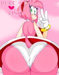 5_fingers accessory amy_rose anthro back_boob backless_clothing backless_dress big_breasts big_butt black_nose blush blush_lines bracelet breasts butt closed_smile clothed clothing countershading cover cover_art cover_page denizen1414 dress ears_up english_text eulipotyphlan eyelashes female fingers frilly frilly_clothing frilly_panties frilly_underwear fur gesture glistening glistening_eyes gloves gold_(metal) gold_bracelet gold_jewelry green_eyes hair hand_gesture handwear head_tuft headband headgear headwear heart_symbol hedgehog hi_res huge_butt jewelry looking_at_viewer looking_back looking_back_at_viewer mammal mouth_closed multicolored_body panties pink_background pink_body pink_ears pink_fur pink_hair pink_heart pink_tail pupils raised_hand raised_tail rear_view red_clothing red_dress red_headband red_headgear red_headwear sega short_hair short_tail side_boob simple_background smile solo sonic_the_hedgehog_(series) tail tan_arms tan_body tan_countershading tan_inner_ear tan_skin text thick_eyelashes thick_thighs tight_panties tight_underwear tuft two_tone_body underwear upskirt v_sign white_clothing white_gloves white_handwear white_panties white_underwear wide_hips