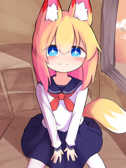 asian_clothing blue_eyes bottomwear classroom clothing desk dipstick_ears dipstick_tail ear_markings east_asian_clothing female furniture hair japanese_clothing japanese_school_uniform light_body light_skin looking_at_viewer markings multicolored_ears orange_hair orange_tail red_ear_tips school school_uniform serafuku sitting skirt smile solo table tail tail_markings uniform white_tail_tip young yigyuki koni_(yigyuki) animal_humanoid canid canid_humanoid canine canine_humanoid fox_humanoid humanoid mammal mammal_humanoid 3:4
