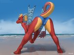 anthro beach bent_over butt clothed clothed_anthro clothed_female clothing day female horn looking_back outside presenting presenting_hindquarters raised_tail red_body red_skin sand sea sky solo swimwear tail water wings foxovh european_mythology mythology eztli_(user_55) dragon mythological_creature mythological_scalie scalie western_dragon wyvern 2024 digital_media_(artwork)