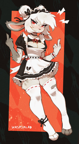 3_toes 5_fingers anthro apron arm_markings black_border black_choker black_clothing black_dress black_eyebrows black_headwear black_jewelry black_necklace border breasts brown_nose choker claws cleavage cleavage_cutout closed_frown clothed clothed_anthro clothed_female clothing cutout dress emanata eyebrows eyelashes feet female female_anthro finger_claws fingers flipping_viewer_off front_view frown frowning_at_viewer fur gesture gesturing_at_viewer glare glaring_at_viewer grey_body grey_fur grey_markings grey_spots hair hand_gesture headgear headwear humanoid_hands jewelry leg_markings legwear looking_at_viewer maid_headdress maid_uniform markings medium_breasts middle_finger monotone_hair mouth_closed multicolored_body multicolored_fur necklace outside_border pink_inner_ear pupils red_background red_eyes short_hair simple_background solo spots spotted_body spotted_fur spotted_markings thigh_highs toeless_legwear toeless_thigh_highs toes two_tone_body two_tone_fur uniform white_apron white_body white_clothing white_fur white_hair white_legwear white_sclera white_thigh_highs white_wristband wristband waspsalad vivi_(waspsalad) lagomorph leporid mammal rabbit 2025 digital_media_(artwork) full-length_portrait hi_res portrait