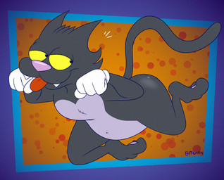 3_toes 4_fingers abstract_background anthro black_eyes casual_nudity clothing countershade_torso countershading fangs feet fingers gloves gloves_only grey_body grey_tail handwear handwear_only looking_aside male male_anthro mostly_nude mostly_nude_anthro mostly_nude_male narrowed_eyes paw_pose pawpads pose purple_body purple_countershading purple_nose smug solo tail teeth three-quarter_view toes tongue tongue_out white_clothing white_gloves white_handwear yellow_sclera gavanzude the_simpsons scratchy_(the_simpsons) domestic_cat felid feline felis mammal 2026 digital_drawing_(artwork) digital_media_(artwork) english_description flat_colors hi_res signature