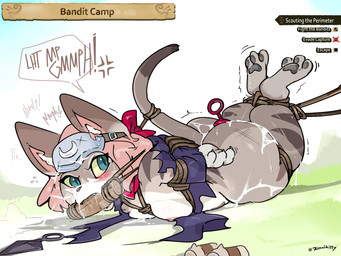 anthro bdsm biped bodily_fluids bondage bound breasts butt clothed clothing cum female gag gagged genital_fluids multicolored_body tail text thick_thighs zinnick capcom monster_hunter monster_hunter_stories_2:_wings_of_ruin tsukino_(monster_hunter_stories) felid felyne lynian mammal palico english_text hi_res