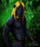 abs ankh anthro biceps biped black_body black_fur blonde_hair blue_body blue_fur blue_nipples bracelet clothed clothing collar detailed_background forest fur green_eyes hair jewelry jungle long_hair looking_at_viewer mac59 male muscular muscular_anthro muscular_male nature necklace nipples nude outside pecs plant pose solo standing topless tree ykoriana felid mammal pantherine