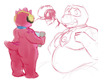 anthro belly big_belly biped electronics headphones male moobs overweight overweight_male simple_background solo standing tablet_computer white_background medeixeacorda gameoverse glitch_productions gobbles_(gameoverse) dinosaur prehistoric_species reptile scalie 2026 sketch